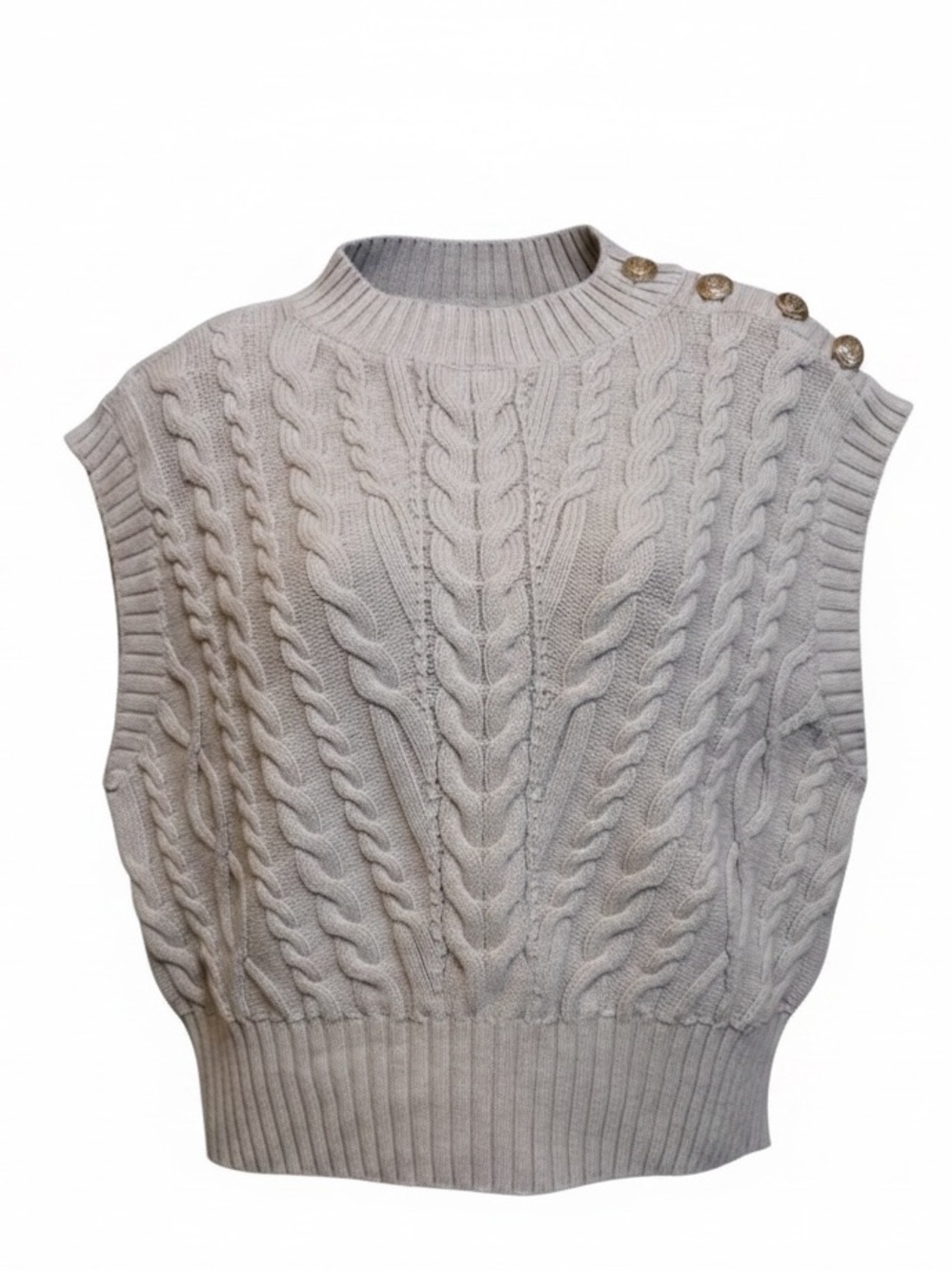 Cable Knit Fisherman Vest Oatmeal Crew Neck Gold Crest Buttons Heritage Preppy